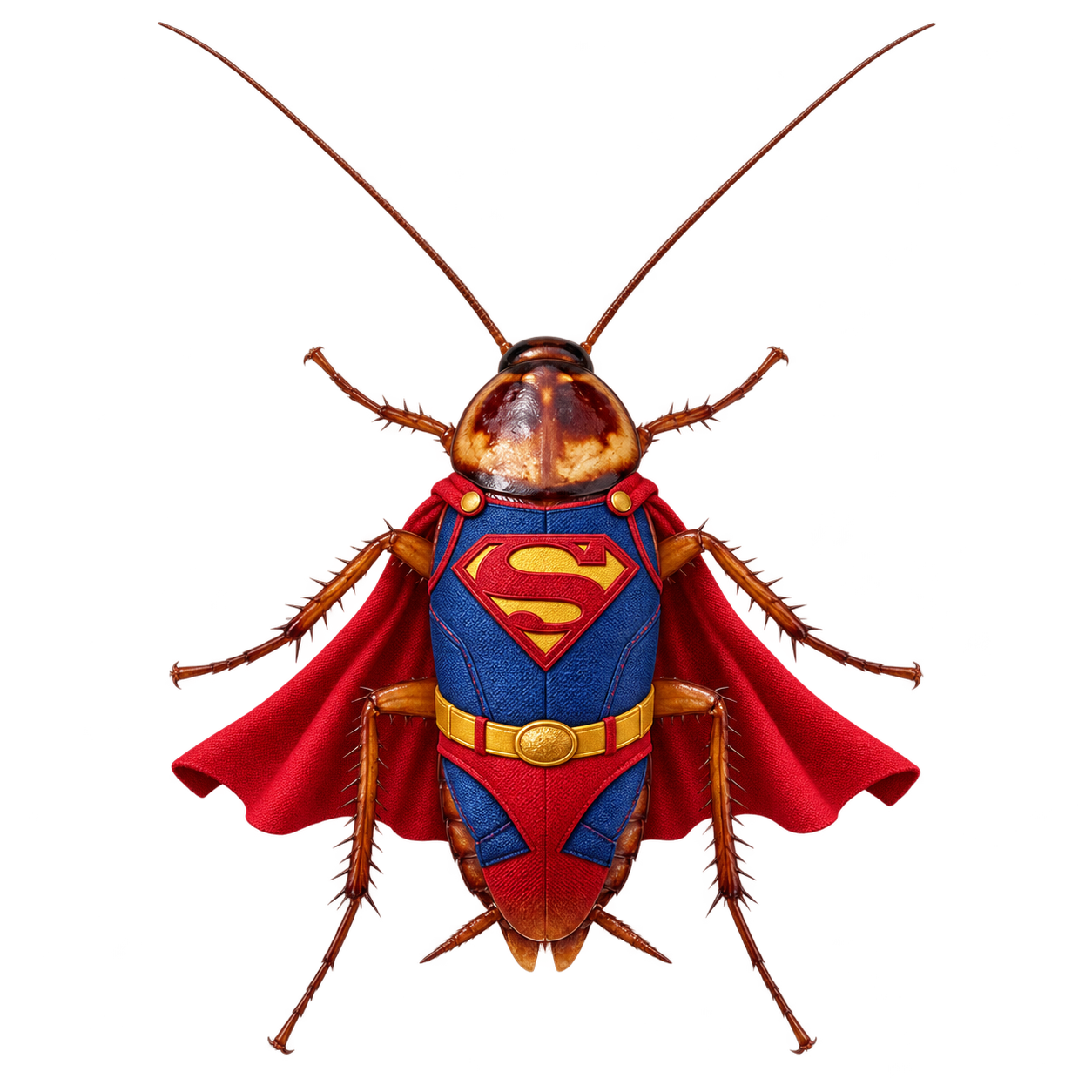 Super Cockroach, a cockroach superhero with long antennae, a blue suit, and a red cape, flying above the city
